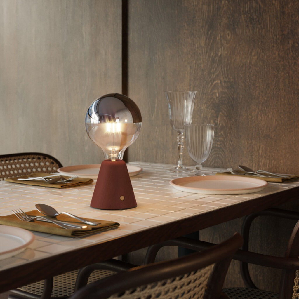 LAMPADA RICARICABILE DA TAVOLO CAB-05 con lampadina globo a LED 1,3W mezza sfera argento